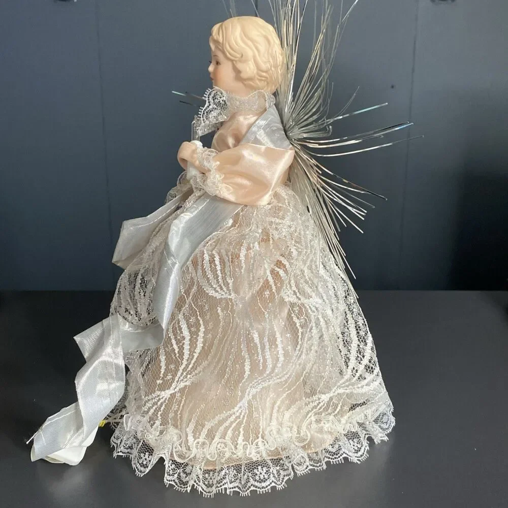 Vintage Lighted Angel Tree Topper Pink Dress Silver Tinsel Shopko 10